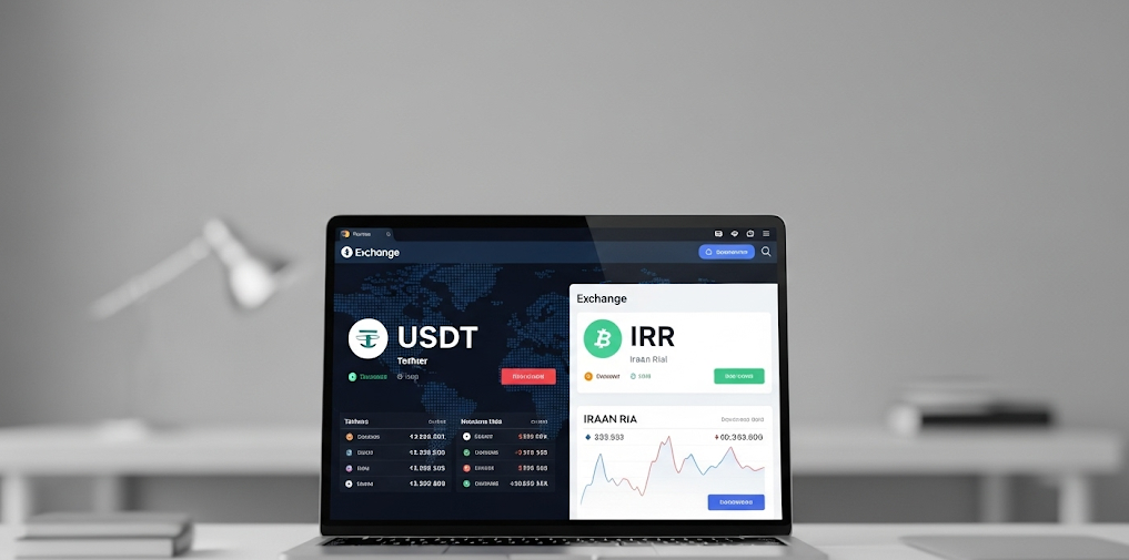 تصویر یک لپتاپ که در یک طرف صفحه آن ارز ریال و طرف دیگر ارز تتر هست