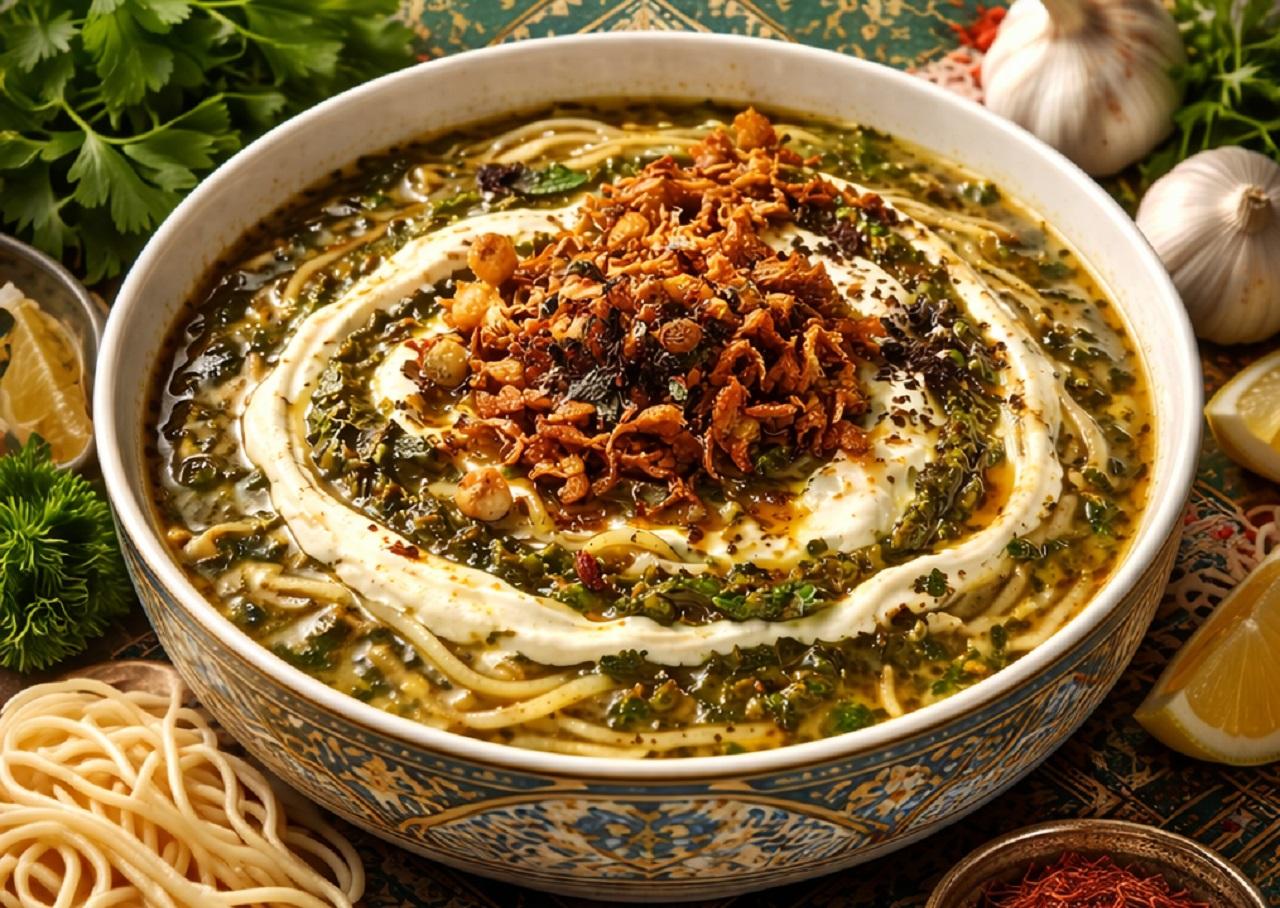 تزیین آش رشته با کشک و پیاز داغ با قیف و خلال دندان