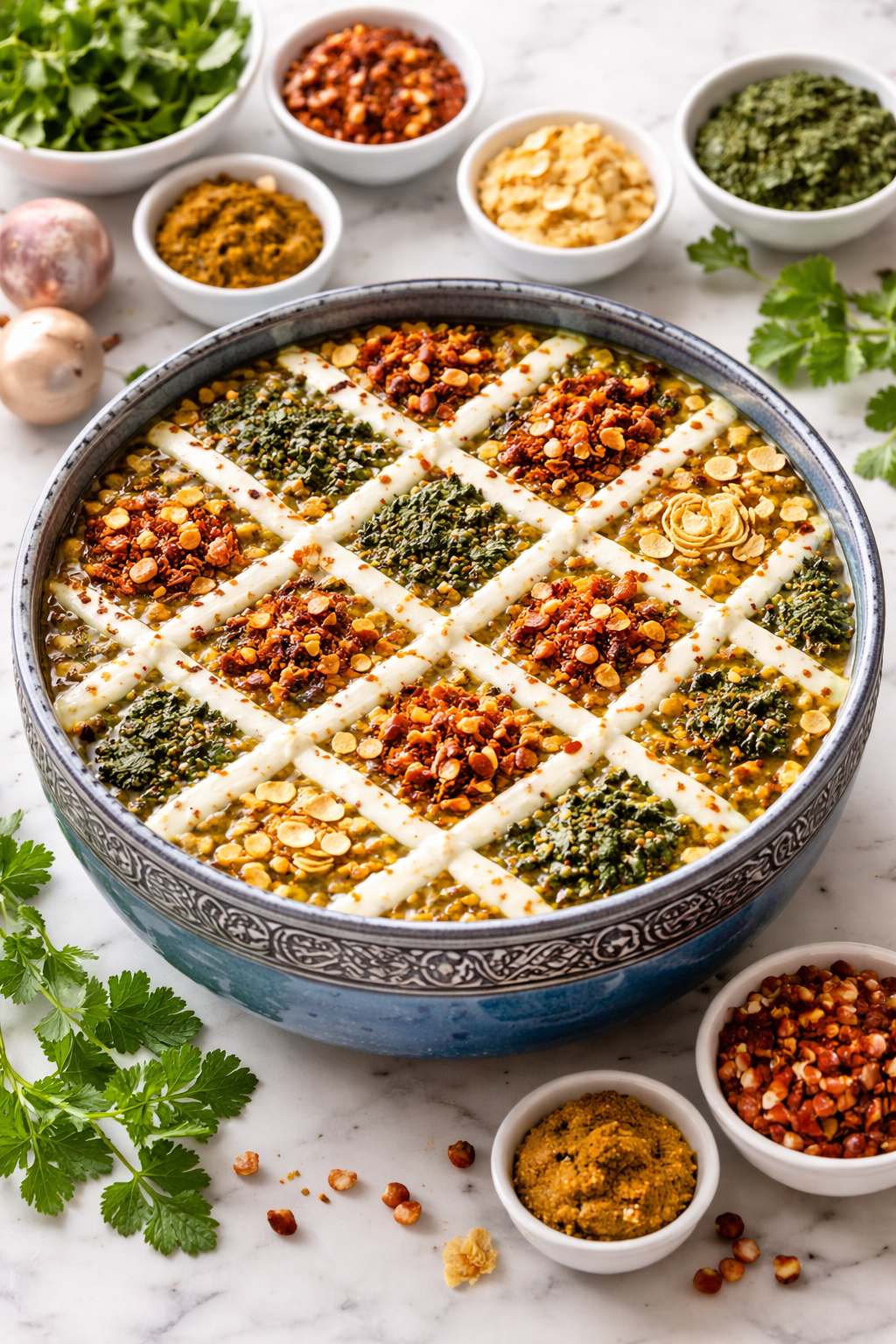تزیین آش رشته با کشک و پیاز داغ با قیف و خلال دندان