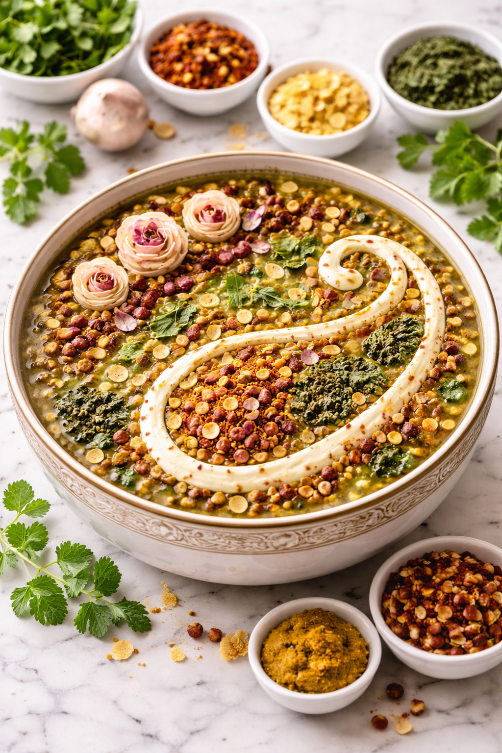 تزیین آش رشته با کشک و پیاز داغ با قیف و خلال دندان