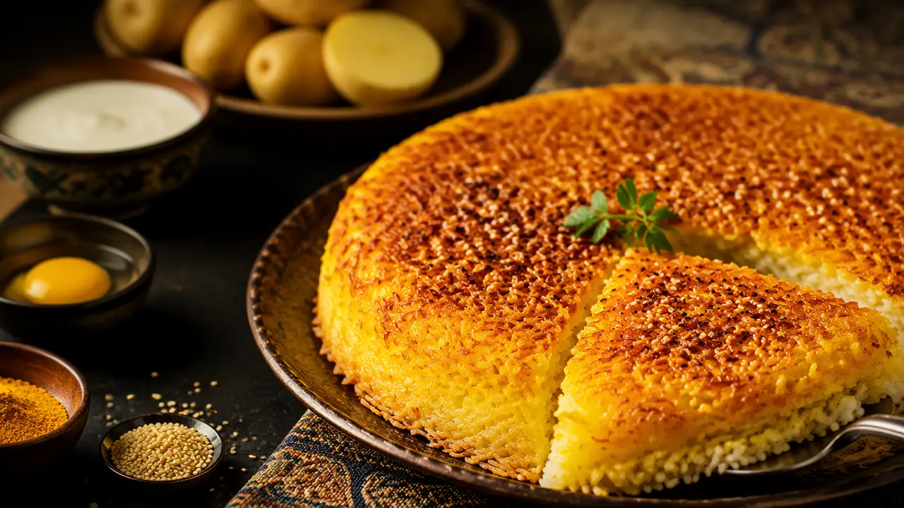 طرز تهیه انواع ته دیگ سیب زمینی رنده شده با زردچوبه، کنجد، تخم مرغ و ماست