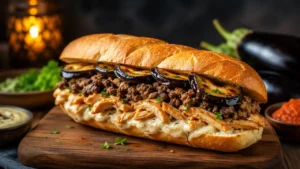طرز تهیه ساندویچ بادمجان سرخ شده با گوشت و مرغ شام خوشمزه و ساده