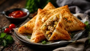 سمبوسه مرغ و سیب زمینی با نان لواش بدون پنیر پیتزا، شام ساده و خوشمزه