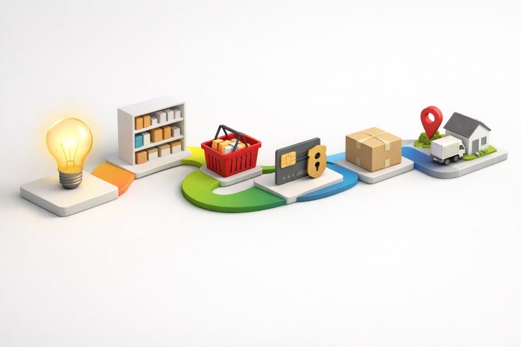 مسیر تبدیل ایده به سفارش آنلاین مسیر فروش آنلاین از ایده و انتخاب محصول تا پرداخت امن، بستهبندی و تحویل در مقصد