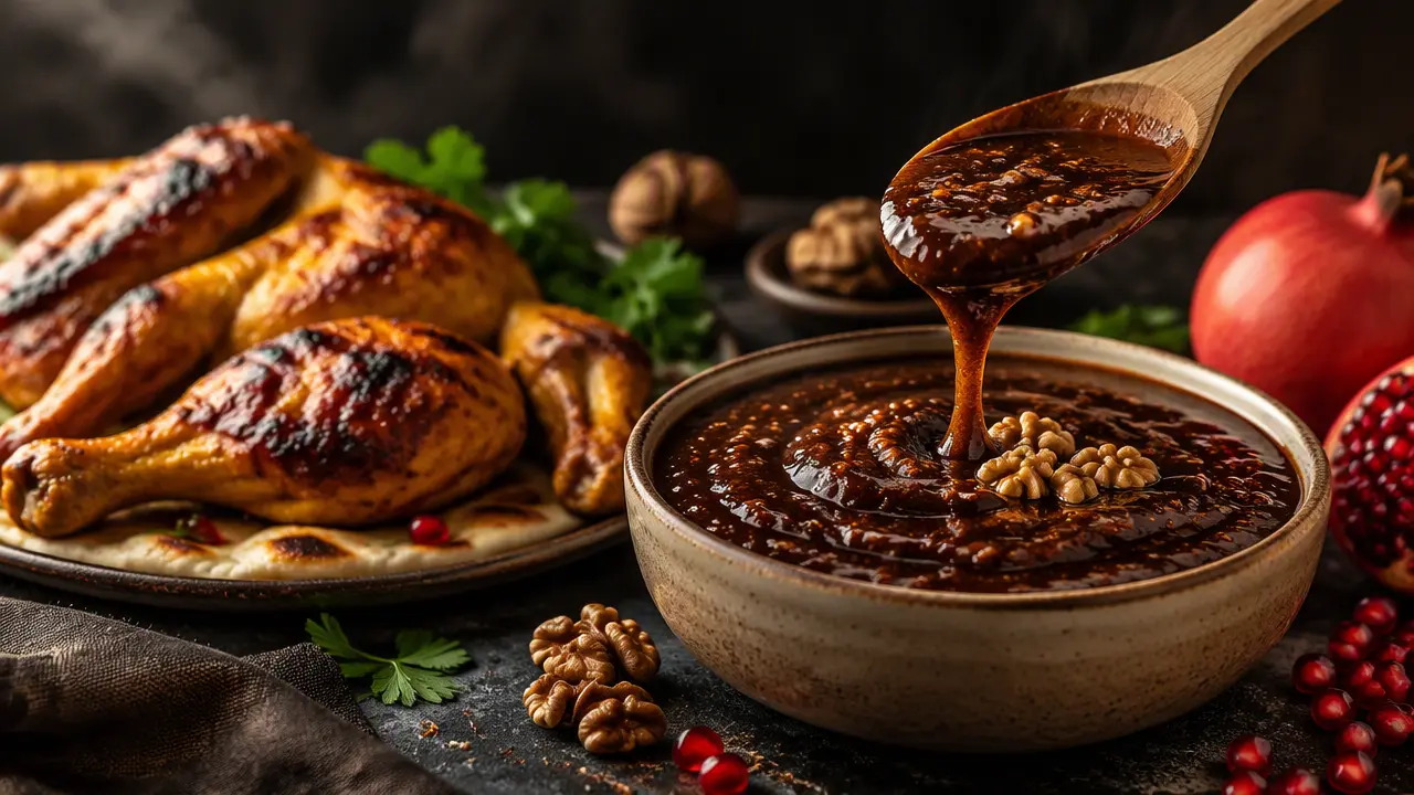 طرز تهیه سس اکبر جوجه خانگی خوشمزه و رستورانی با رب انار و گردو
